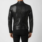 Men's Black Crocodile-Embossed Leather Biker Jacket — Malvern