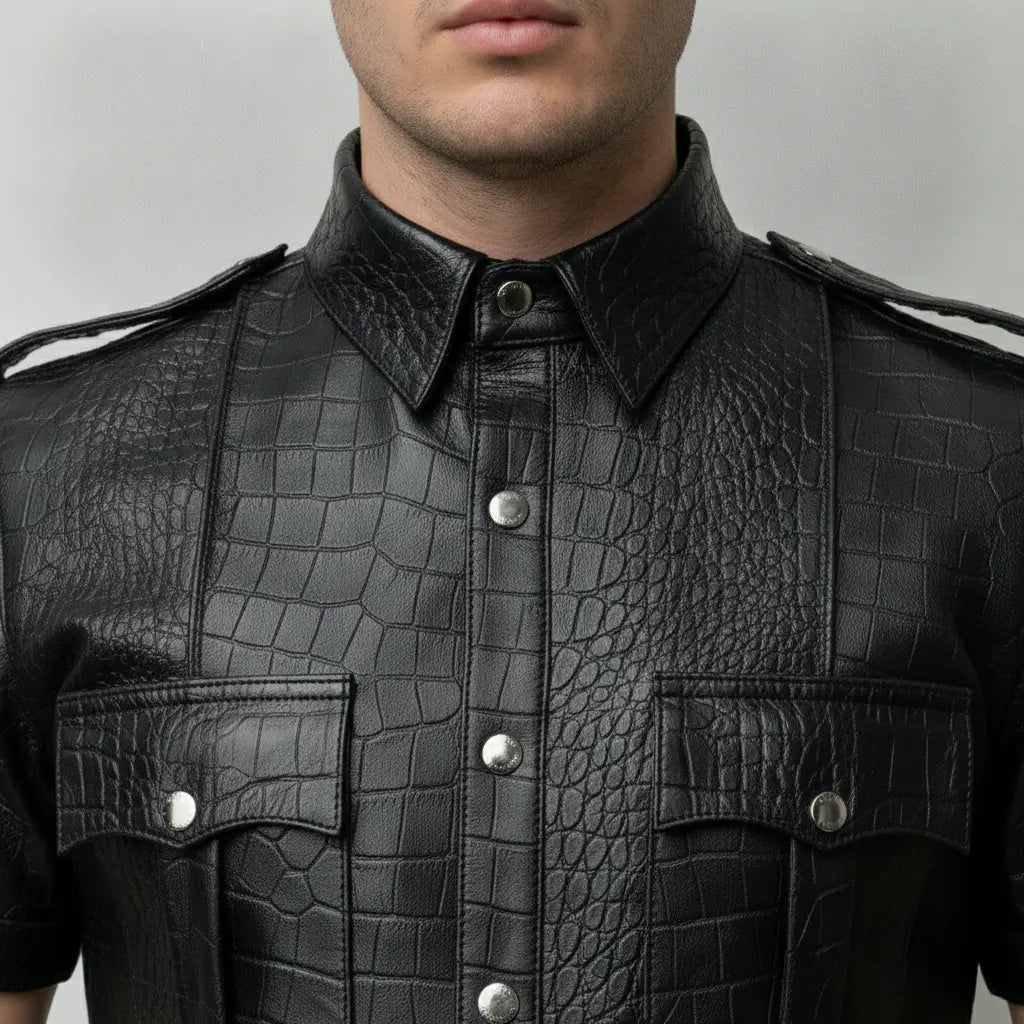 Men's Black Crocodile-Embossed Leather Short-Sleeve Shirt — Abbervale