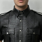 Men's Black Crocodile-Embossed Leather Short-Sleeve Shirt — Abbervale