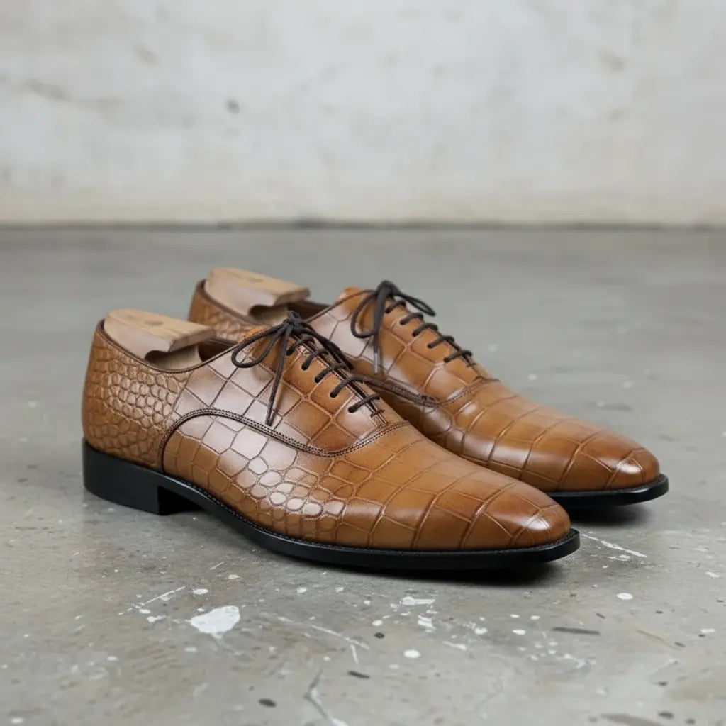 Men's Tan Crocodile-Embossed Leather Oxfords — Nettleton — Nettleton