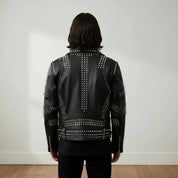 Handmade Men Punk Black Embroidered Jacket. Men Leather Rock Studded Spiked Jacket