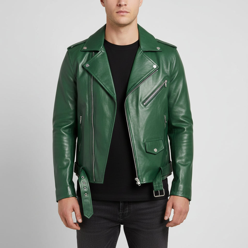Handmade Men Green Biker Leather Jacket, Green Belted Motorcyle Jacket for Men