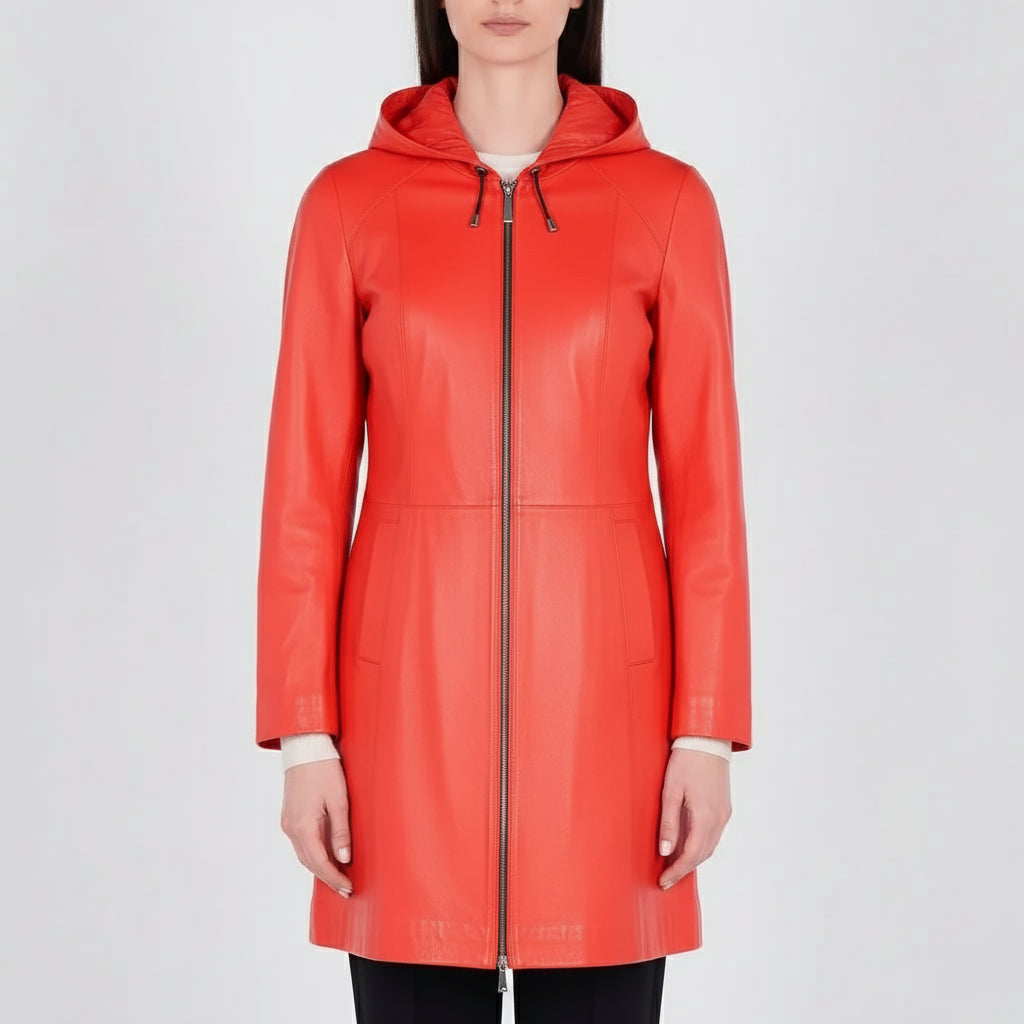 Women's Handmade Hooded A-line Leather Coat