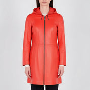 Women's Handmade Hooded A-line Leather Coat
