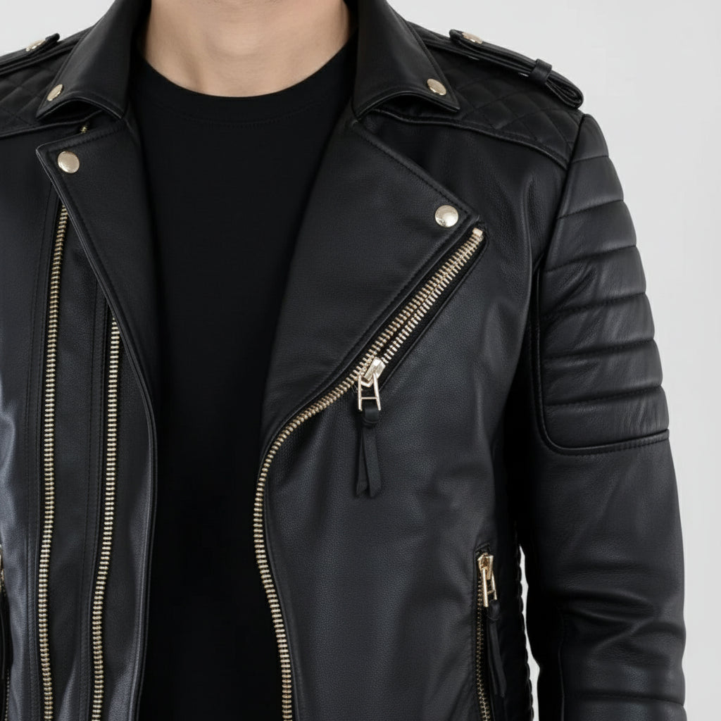 Handmade Men Black Leather Motorcycle Jacket, Winter Fashion Leather Jacket for Men