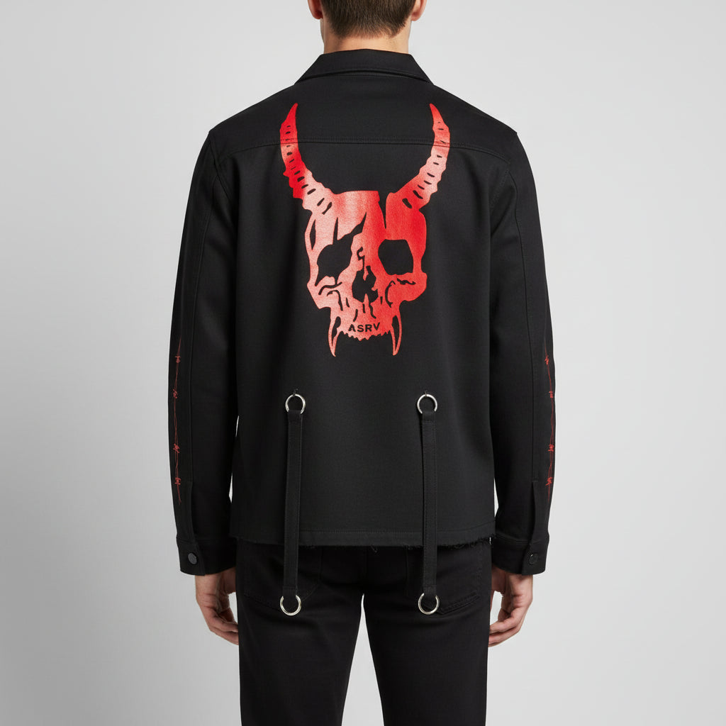 Handmade Hand Sewn Men Denim Devil Jacket, Satan Skull Printed Denim Jean Jacket