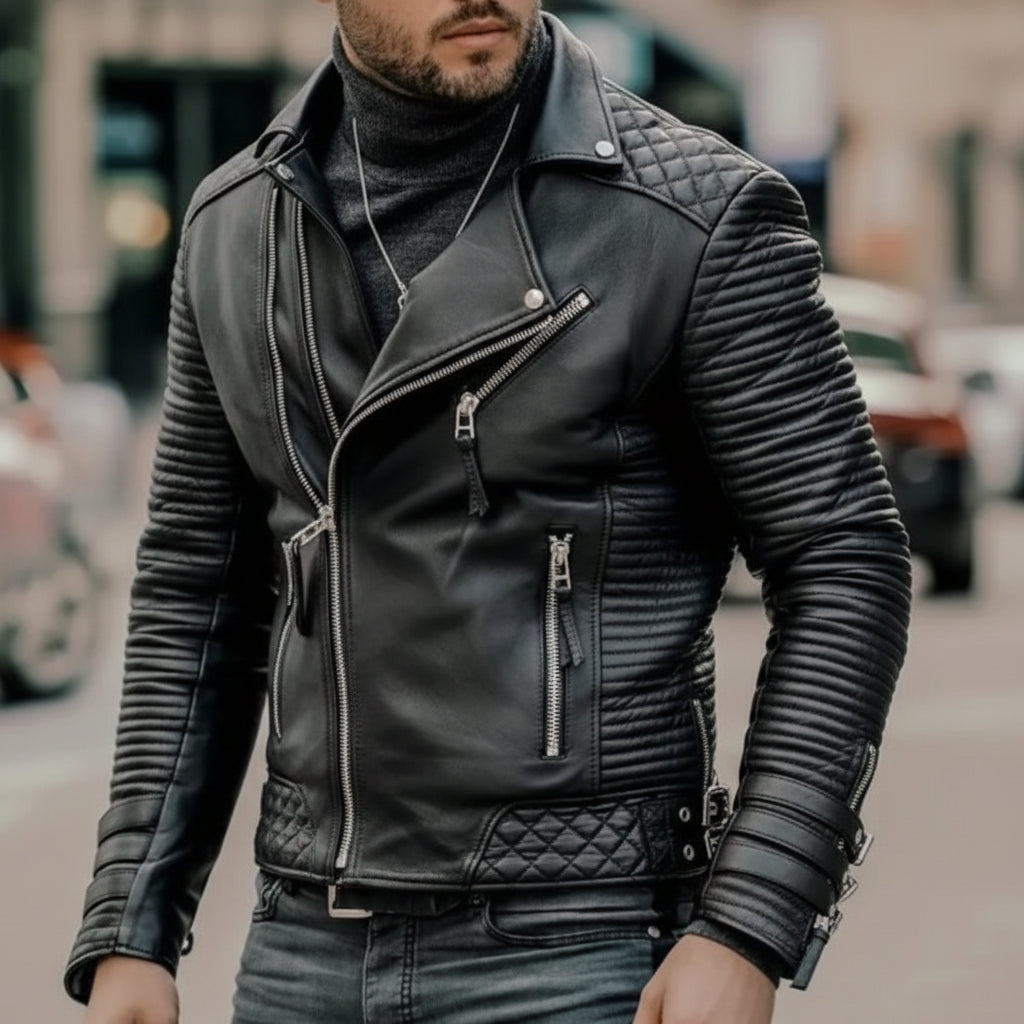 Handmade Men's Black Biker Leather Jacket, Black Sheep Leather Motorcycle Jacket for Men