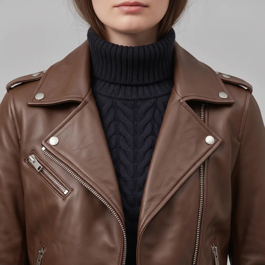 Women's Brown Leather Biker Jacket — Acrefield