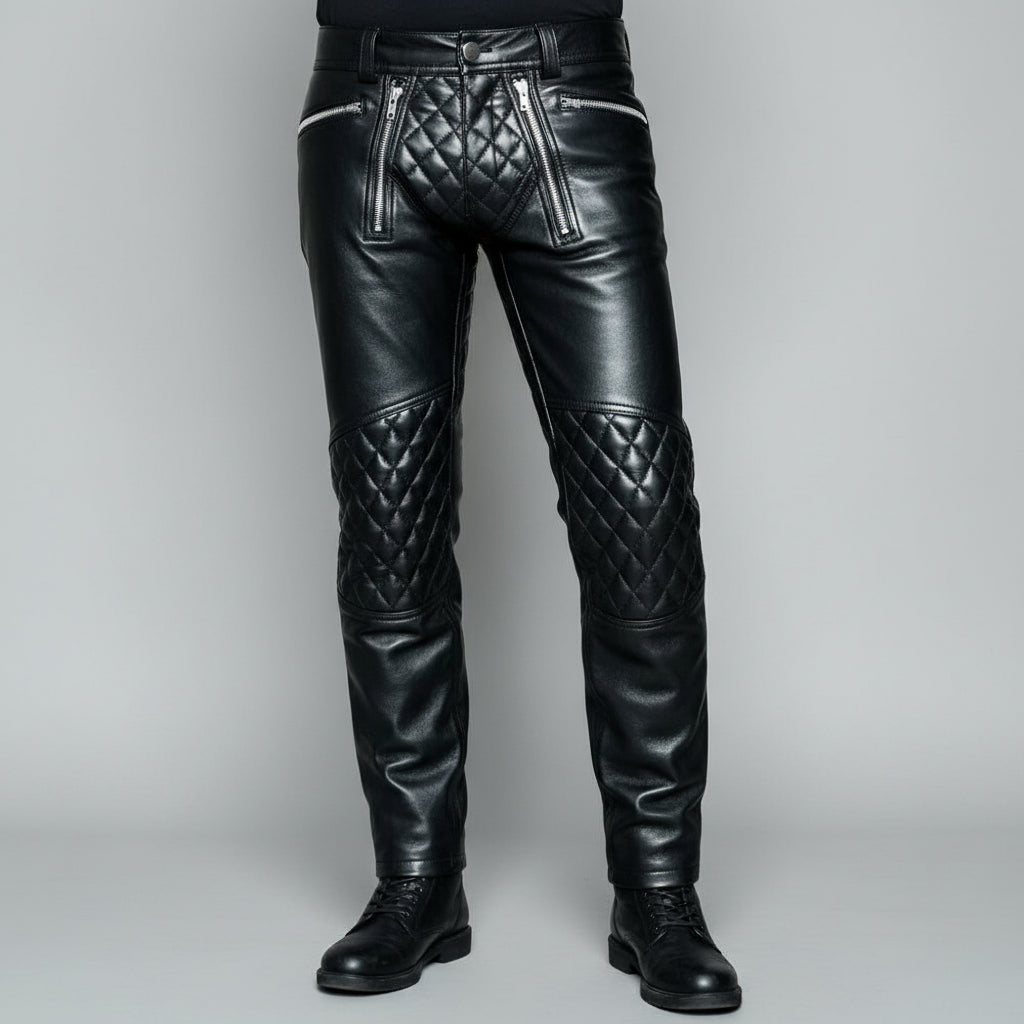 Men's Leather Biker Pants, Heavy-Duty Punk Rock Trousers