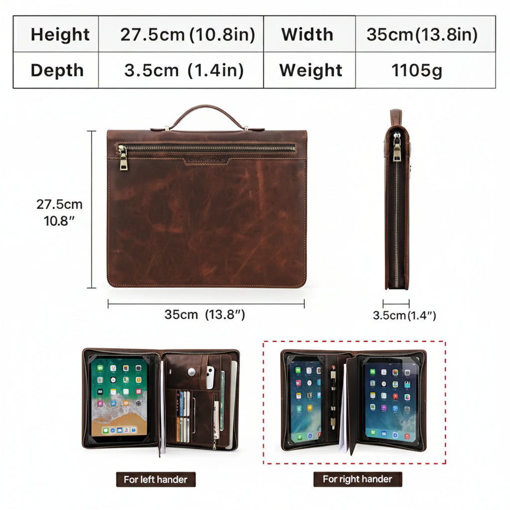 Genuine Leather Zipper Tablet Briefcase for iPad Pro 12.9"