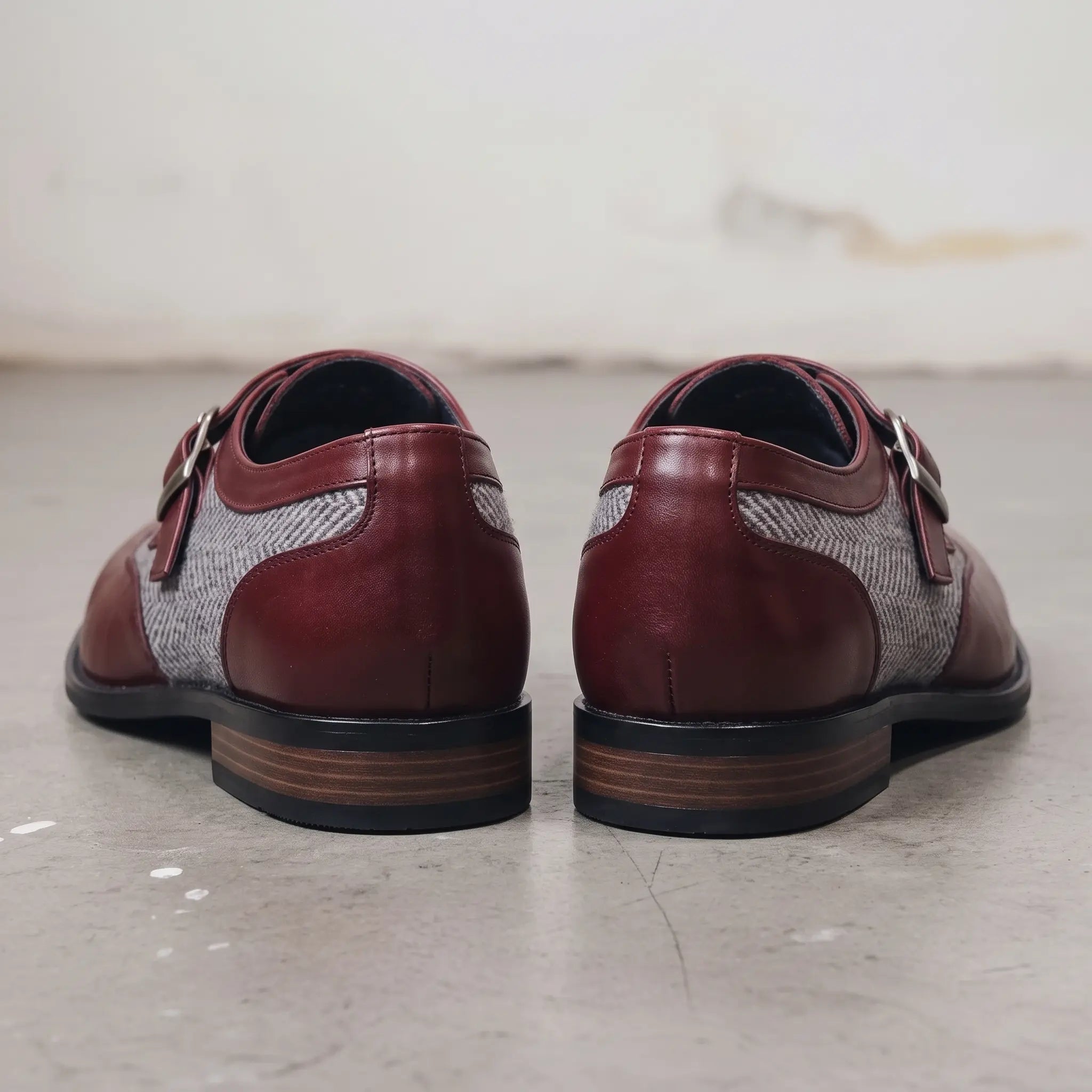 Men's Burgundy and Grey Wingtip Leather and Monk Strap Shoes — Amory