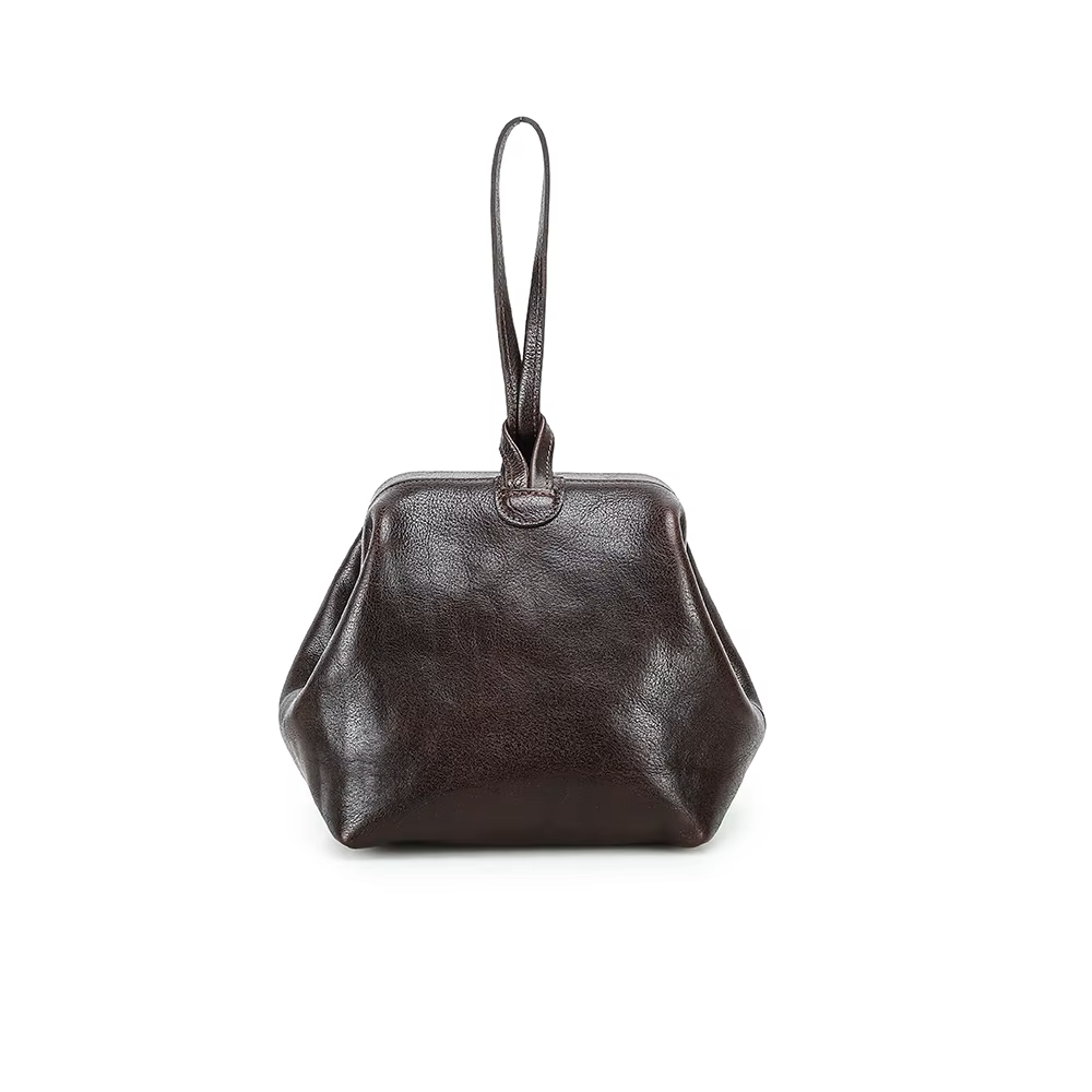 Women's Full-Grain Leather Wristlet Tote Bag With Kiss Lock Closure