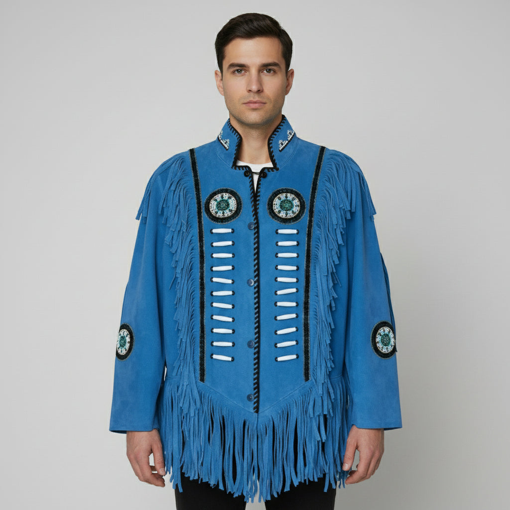Men's Handmade Cowboy Western Leather Jacket, Western Style Genuine Suede Jacket with Fringes and Beads