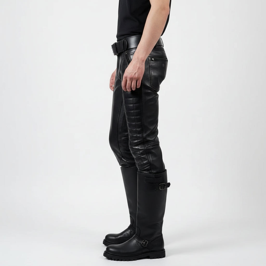 Punk Rock Men's Black Leather Pants, Quilted Detail Biker Trousers