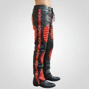Handmade Men’s Black & Red Leather Biker Pants