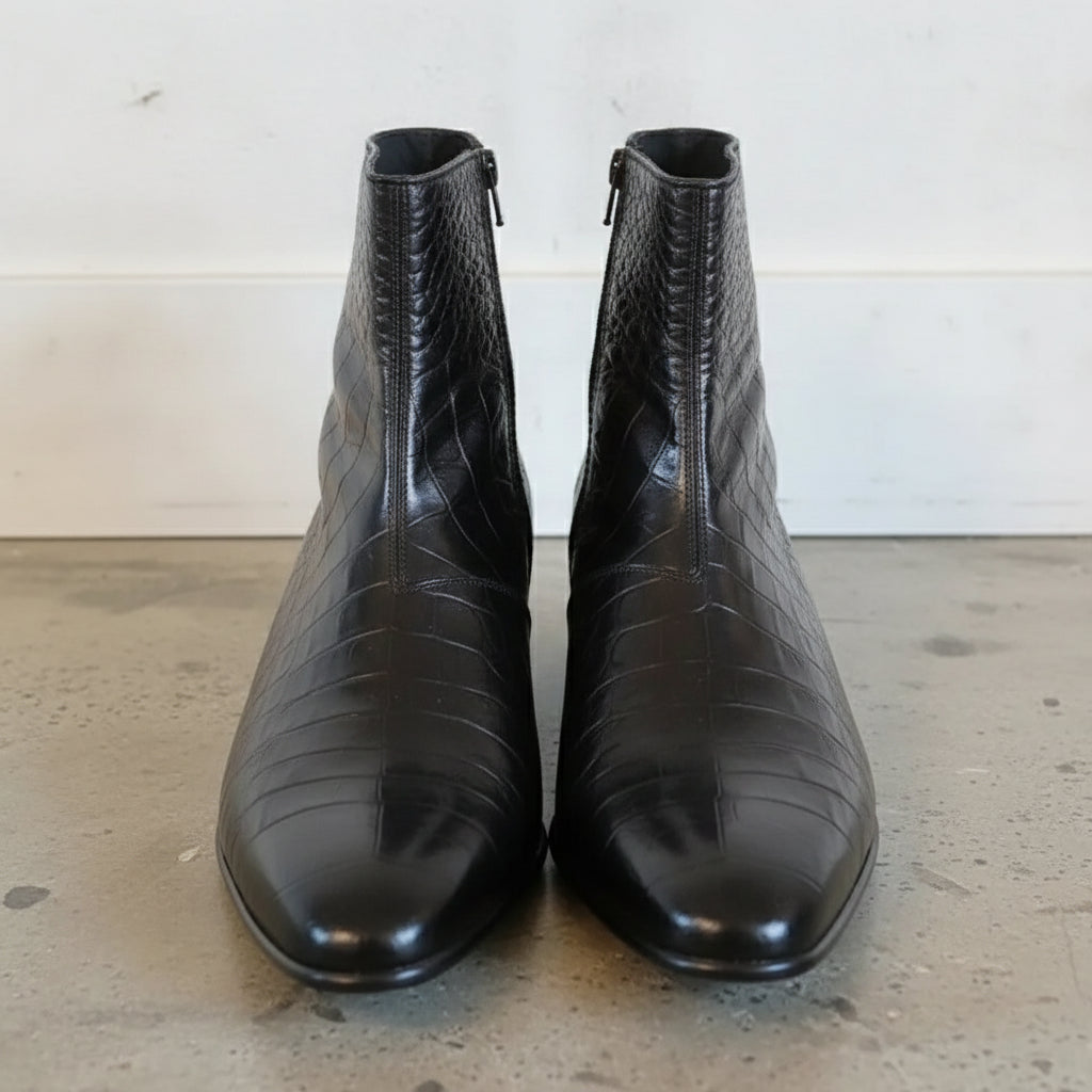 Men's Black Plain-Toe Crocodile-Embossed Leather Ankle Boots