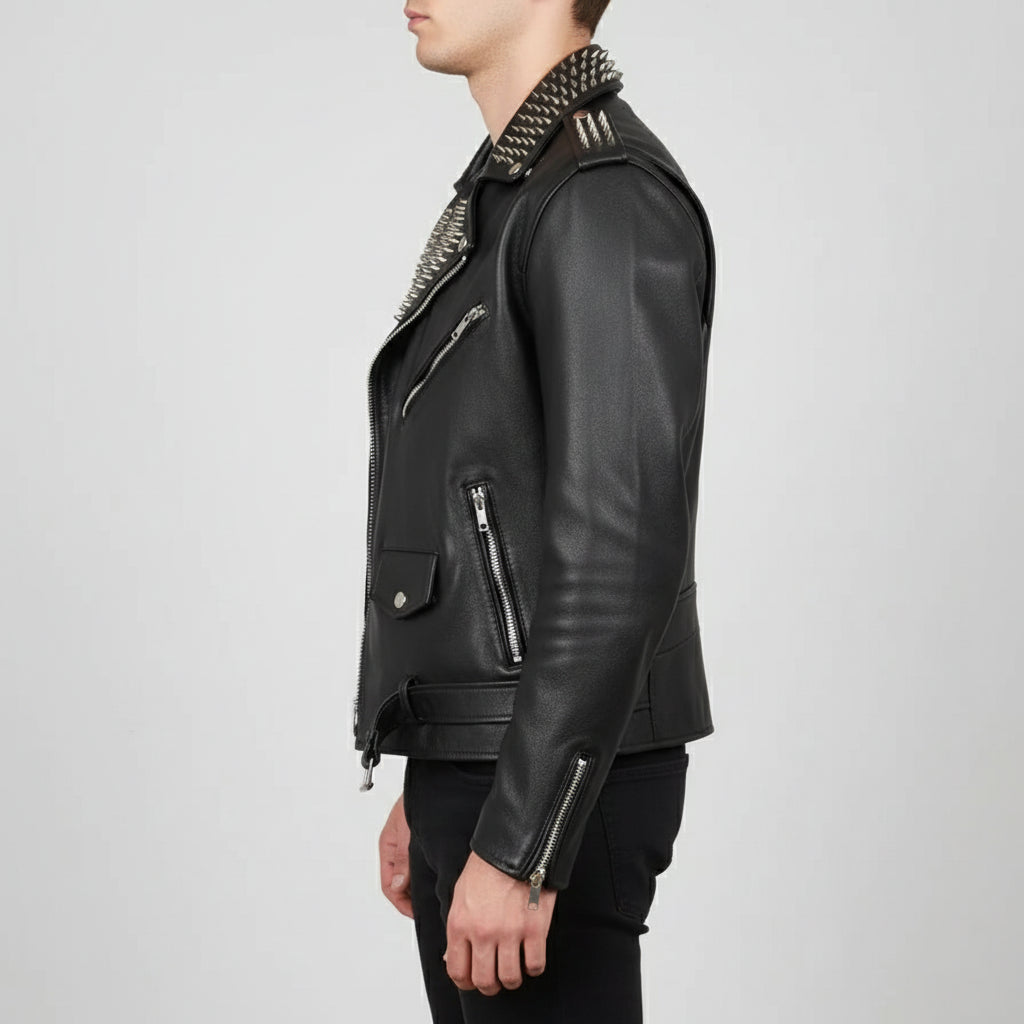 Men's Black Studded Biker Full-Grain Leather Jacket
