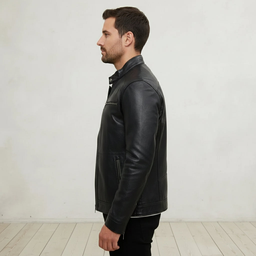 Men's Slim Fit Black Leather Jacket, Genuine Biker Coat