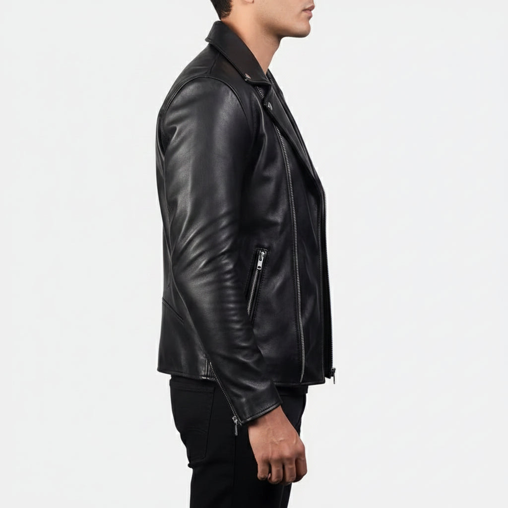 Handmade Men Black Leather Biker Jacket, Mens Wide Collar Jacket , Mens Jackets