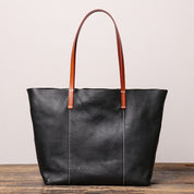 Women's Color-Block Zipper Closure Full-Grain Leather Tote Bag
