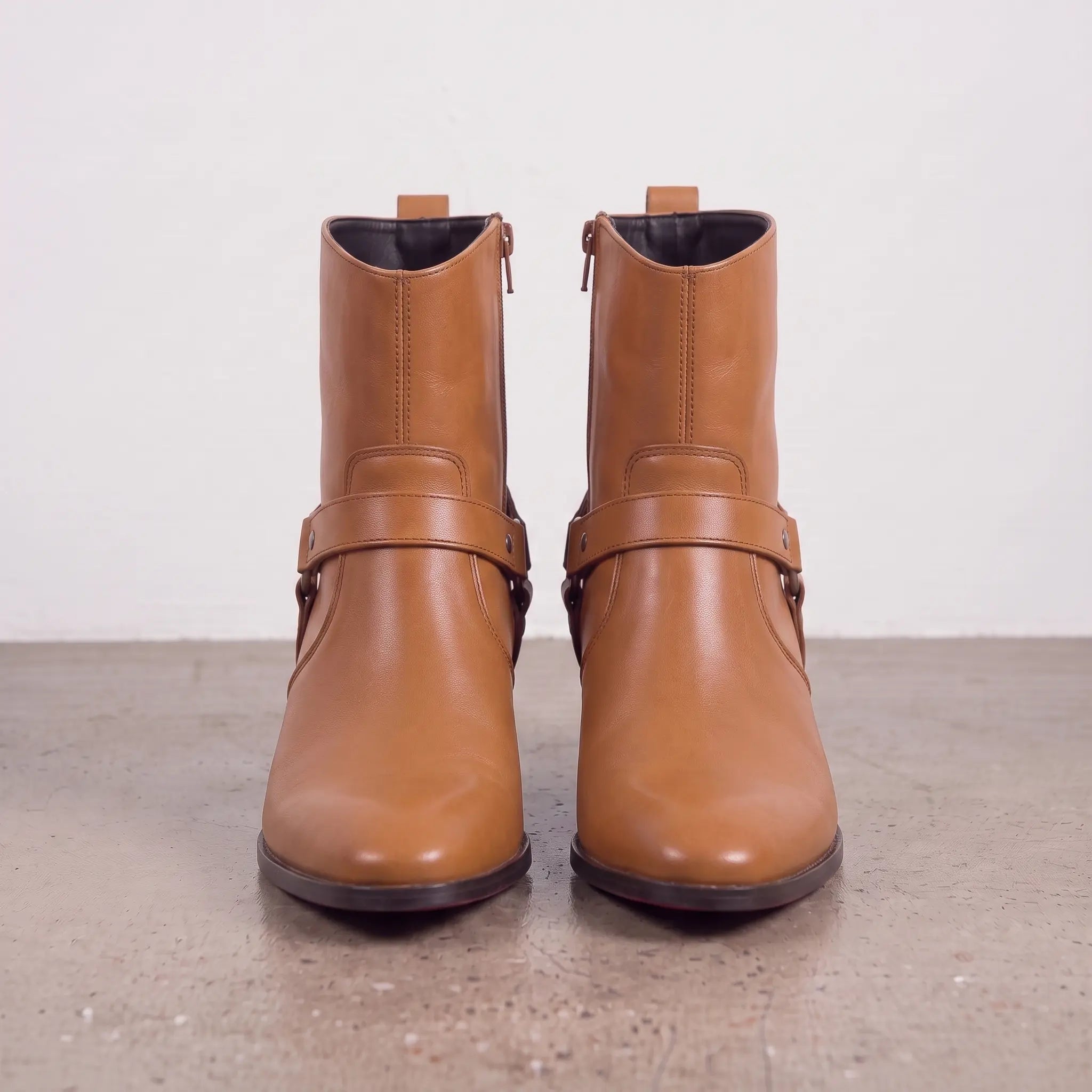 Men's Tan Plain-Toe Leather Harness Boots — Bardon