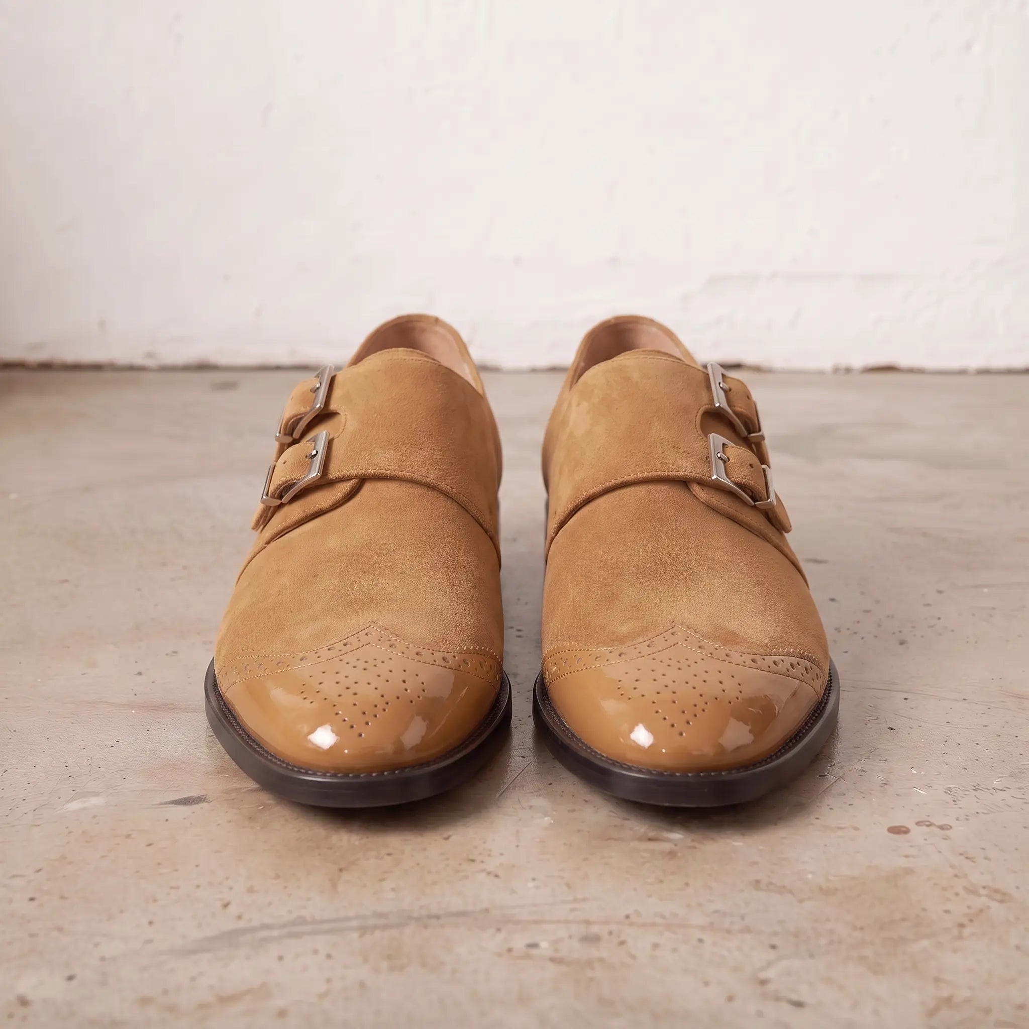 Men's Tan Suede Double Monk Strap Shoes — Lowell