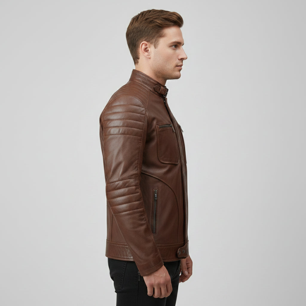 Handmade Men Antique Brown Leather Bomber Jacket, Men Biker Leather Jacket