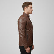 Handmade Men Antique Brown Leather Bomber Jacket, Men Biker Leather Jacket