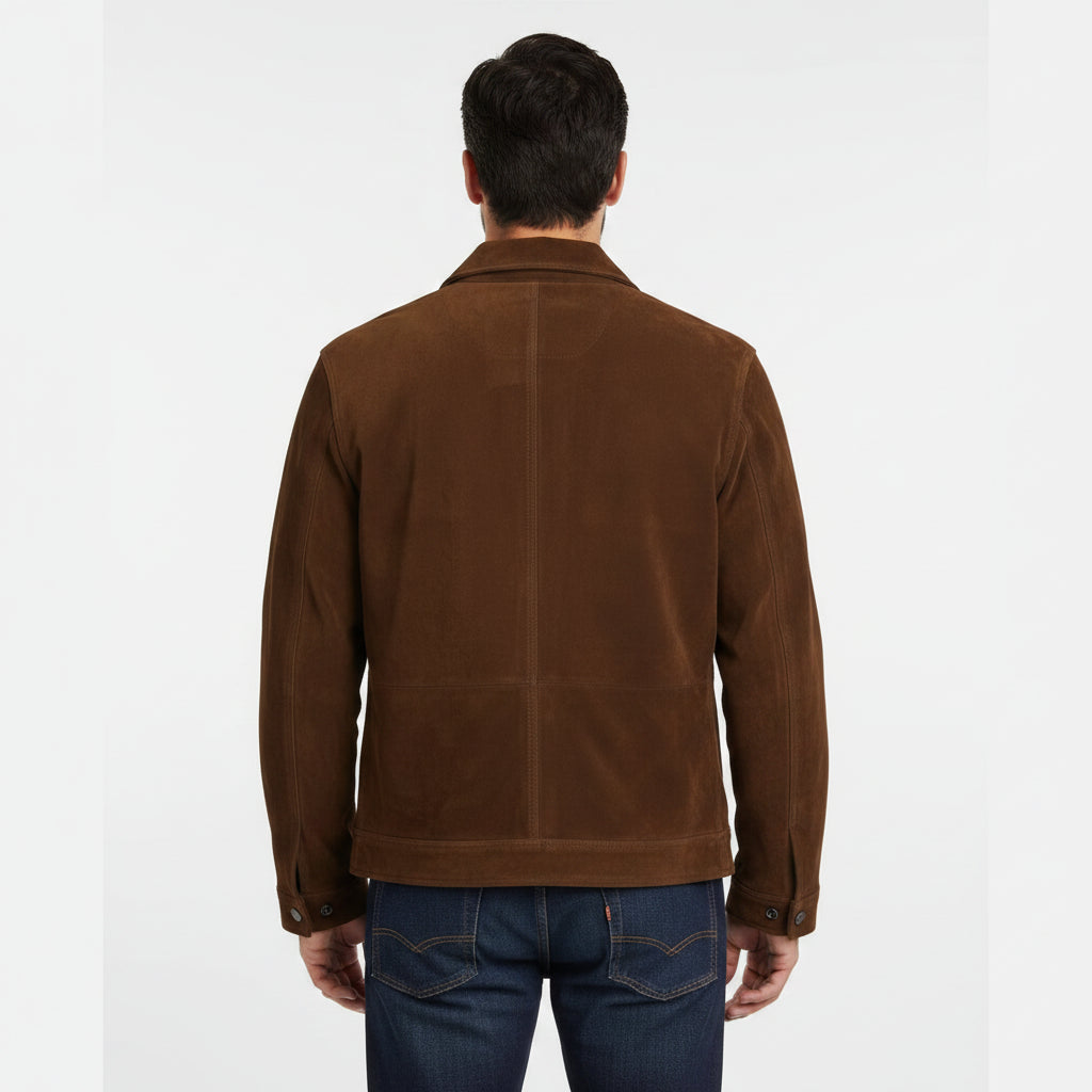Handmade Men Dark Brown Suede Trucker Jacket, Brown Trucker Suede Jacket