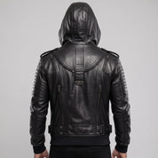Men's Black Hooded Leather Biker Jacket — Abbercourt