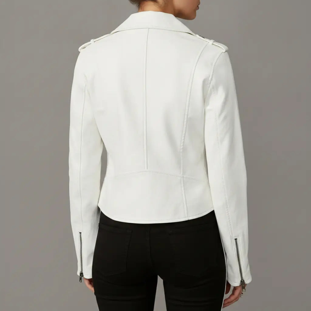 Women's White Faux Leather Biker Jacket — Abberdale