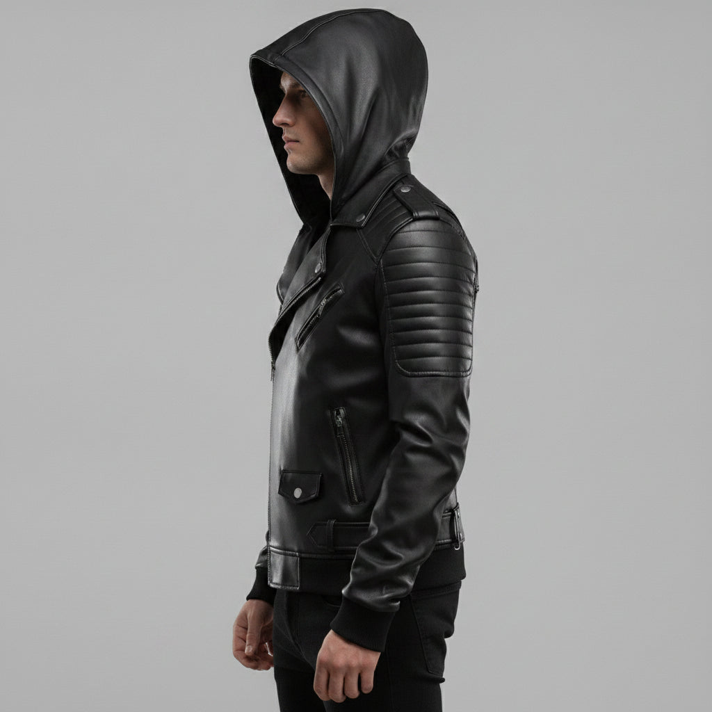 Men's Black Hooded Leather Biker Jacket