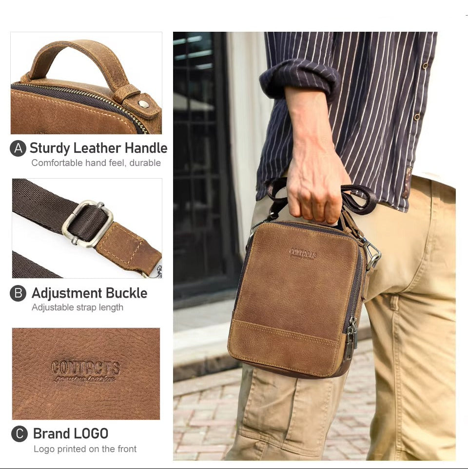 Men’s Genuine Leather Crossbody Sling Bag - Stylish Phone Holder with Card & Pen Slots