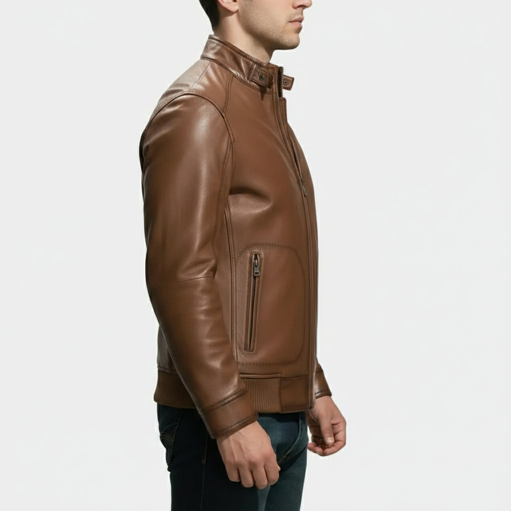 Handmade Mens Brown Genuine Sheep Leather  Motocycle Jacket