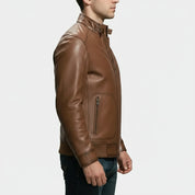 Handmade Mens Brown Genuine Sheep Leather  Motocycle Jacket