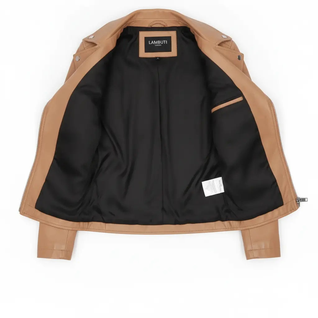 Women's Tan Asymmetric Zip Leather Biker Jacket — Mortimer