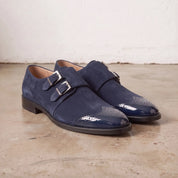Men's Navy Blue Suede Double Monk Strap Shoes — Lowell