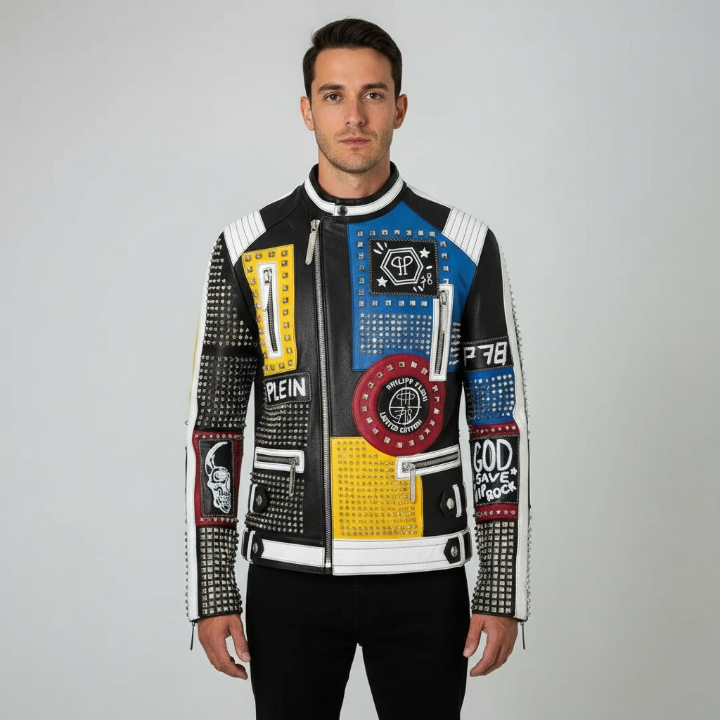 Men's Handmade Retro Diamond Studded Leather Motorcycle Jacket