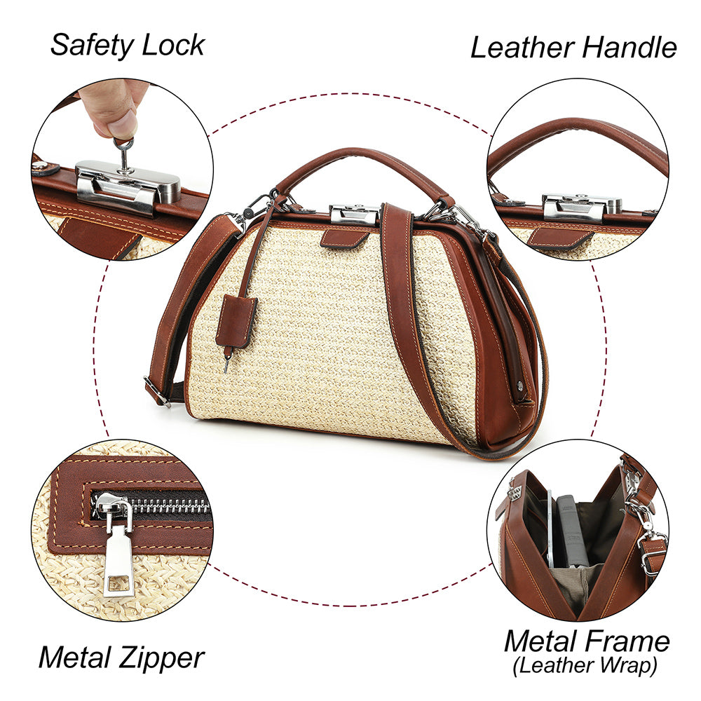 Women's Beige Woven Cognac Leather Trim Satchel Crossbody Bag
