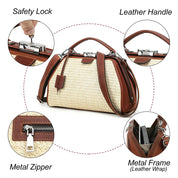 Women's Beige Woven Cognac Leather Trim Satchel Crossbody Bag