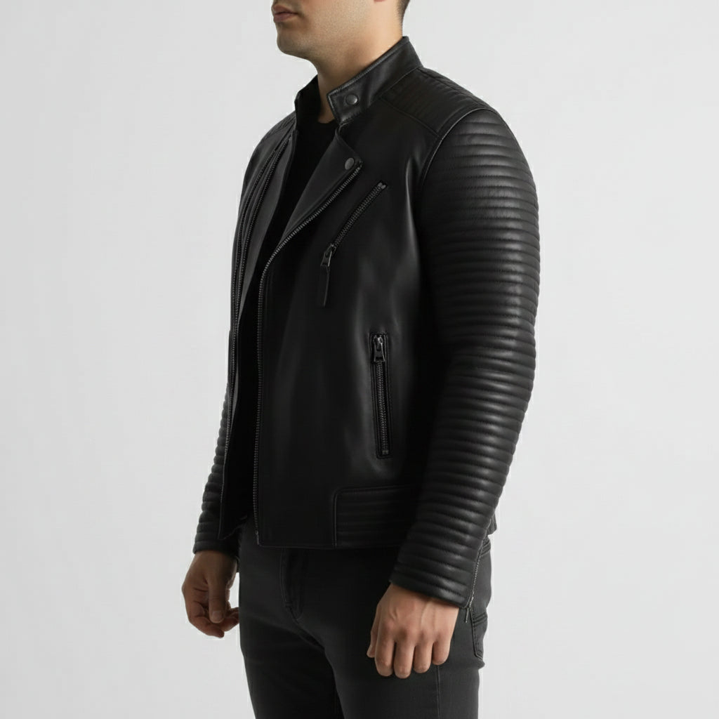 Handmade Mens Leather Jacket Black Quilted Genuine Lambskin Biker Motorcycle