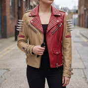 Women's Tan and Red Asymmetric Zip Leather Perfecto Biker Jacket — Angus