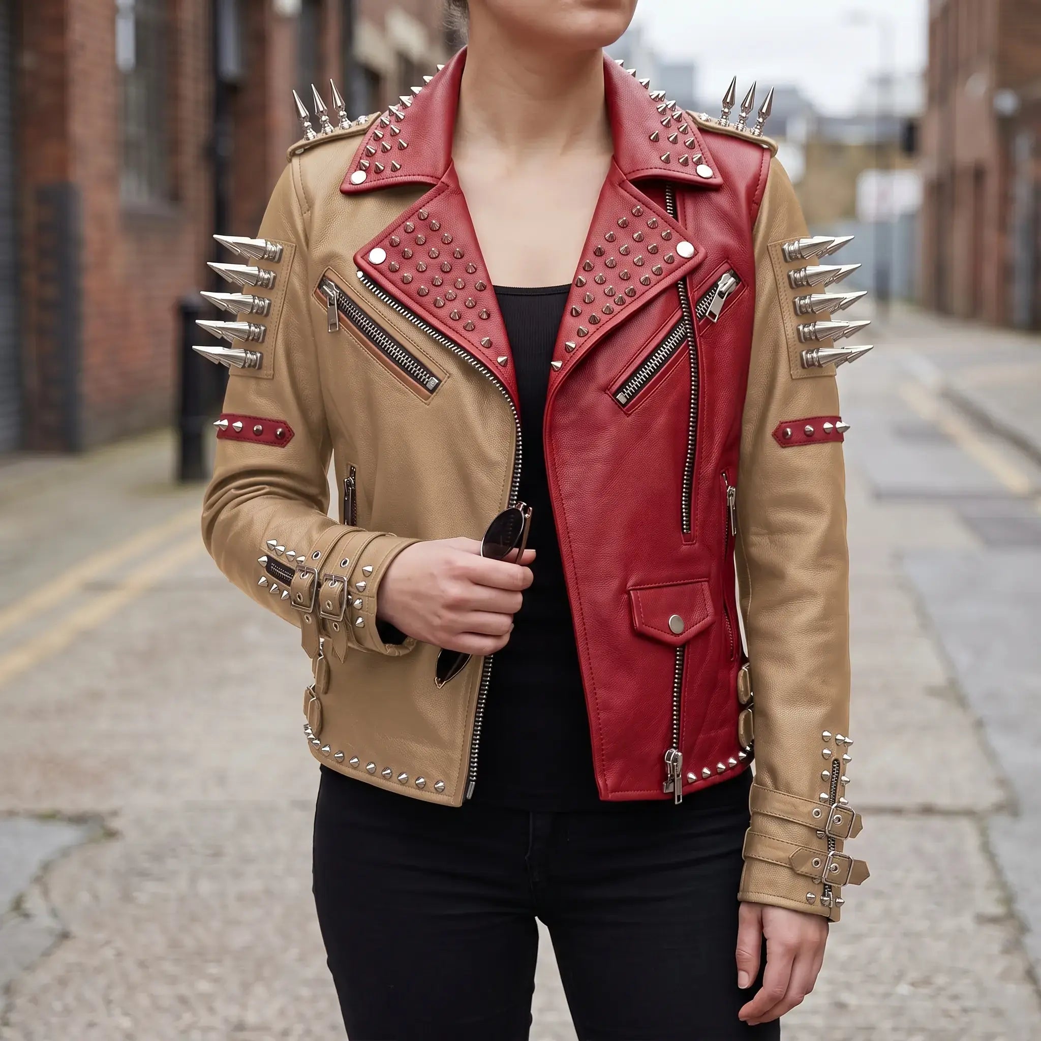 Women's Tan and Red Asymmetric Zip Leather Perfecto Biker Jacket — Angus
