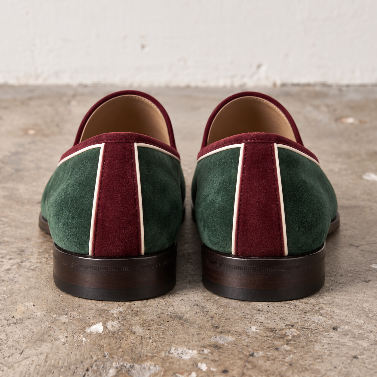 Men's Green Suede Loafers with Burgundy and White Trim— Abbeyton