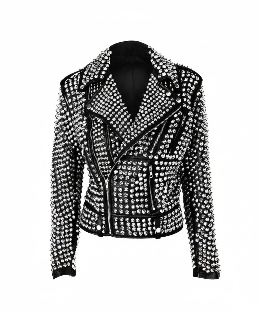Handmade Women's Rock Star All Over Silver Studded Cowhide Leather Moto Jacket