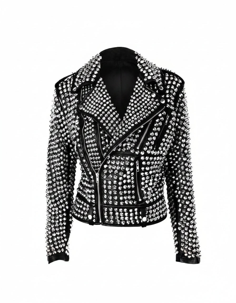 Handmade Women's Rock Star All Over Silver Studded Cowhide Leather Moto Jacket