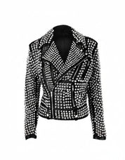 Handmade Women's Rock Star All Over Silver Studded Cowhide Leather Moto Jacket