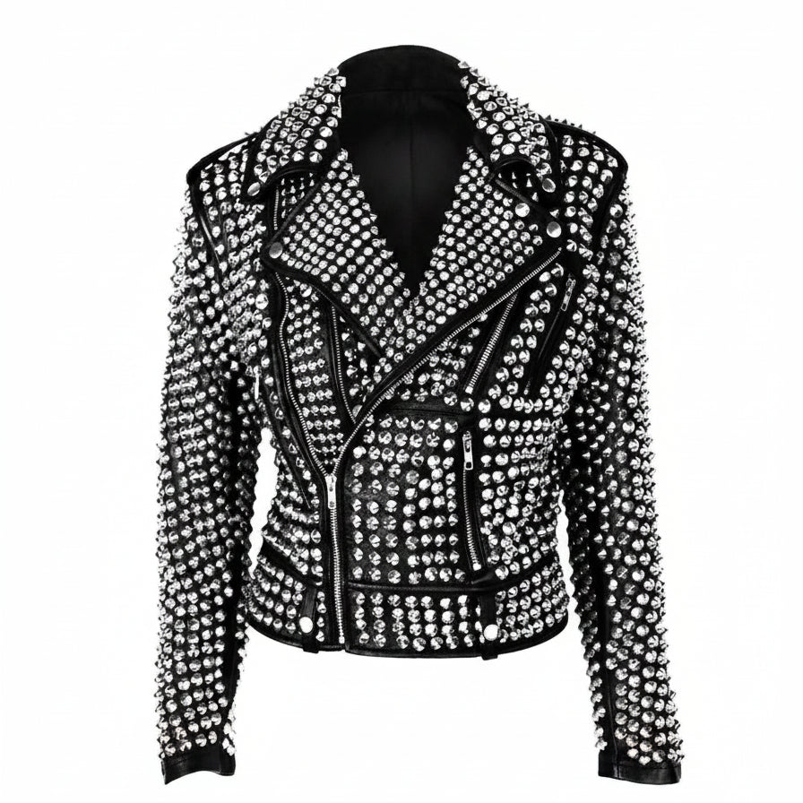 Handmade Women's Rock Star All Over Silver Studded Cowhide Leather Moto Jacket