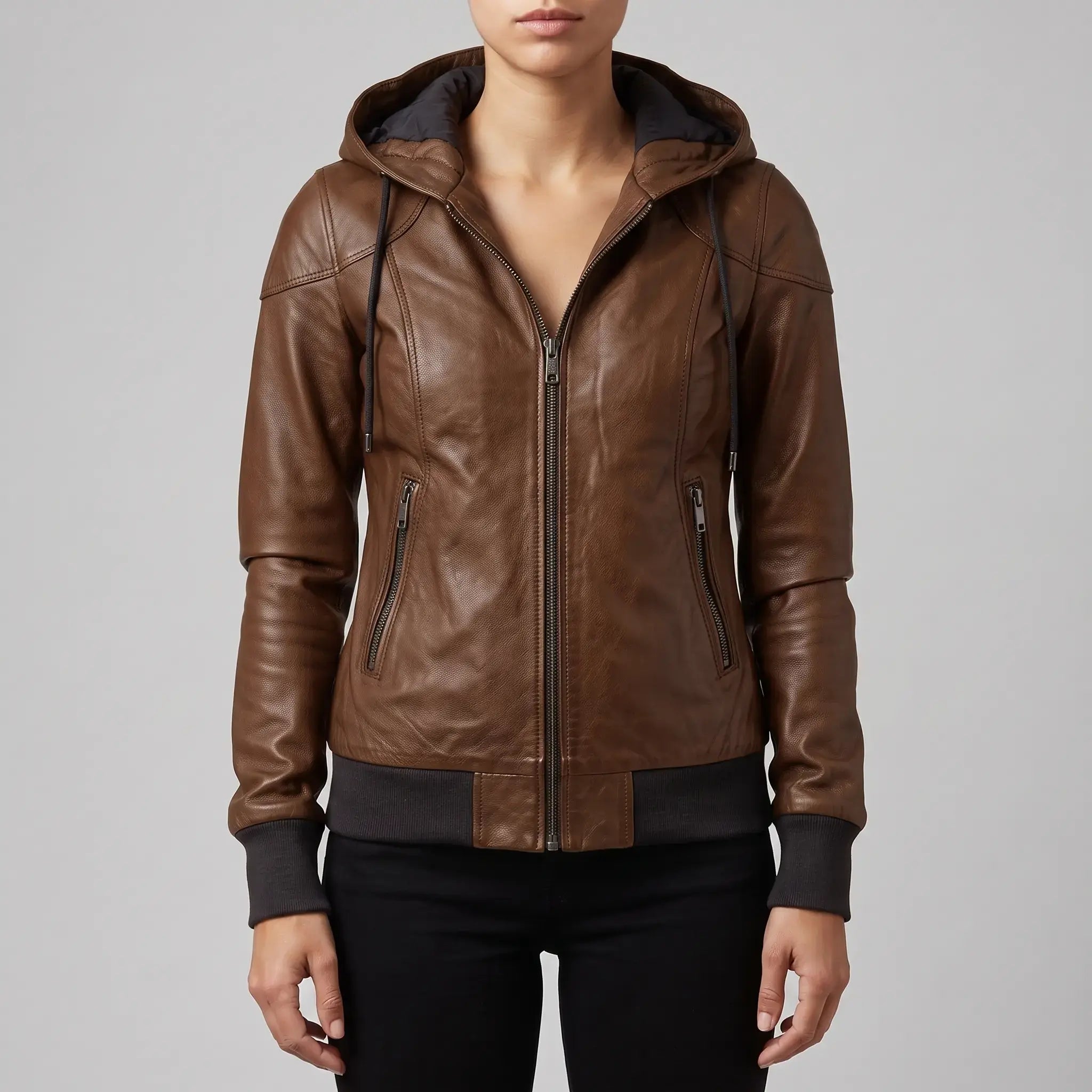 Women's Brown Leather Bomber Jacket — Dunthorpe