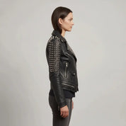 Women's Black Studded Leather Biker Jacket — Mirfield
